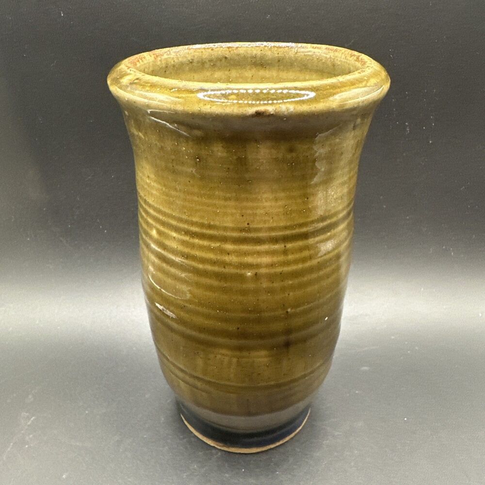 Vtg Art Pottery Stoneware Crock Vase Grayish Green Glaze Utensil Signed